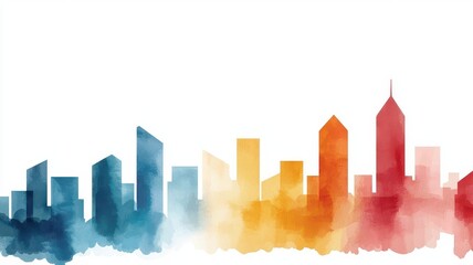 Watercolor finance graph overlaying a city skyline, with soft washes of color blending into the shapes of skyscrapers