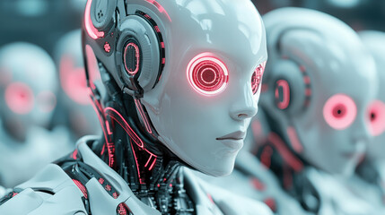 A group of robots with glowing eyes and red lights, AI