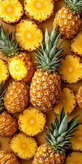 Poster - Vibrant and fresh pineapples scattered on a warm backdrop. The bright colors and textures showcase the juiciness of this tropical fruit. Ideal for food-related projects and culinary displays. AI