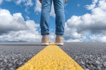 A person standing on an open road with a yellow line, symbolizing a journey or path under a blue sky with clouds.