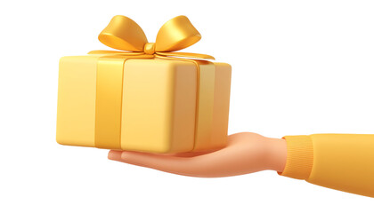 Wall Mural - hand holding gold gift box 3d render isolated on transparent background cutout