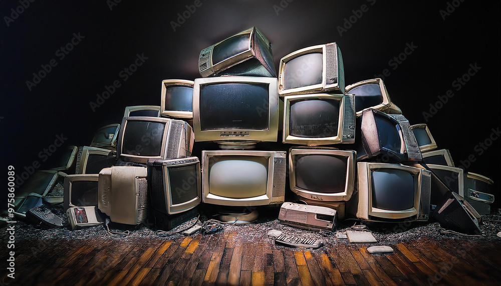 古いブラウン管テレビやコンピュータが山積みになっている様子を描い