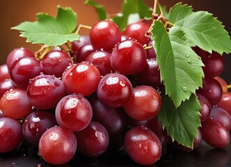 Wall Mural - An image of a bunch of red grapes with green leaf attached