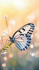 Sticker - Butterfly on a Dewy Leaf at Sunset.