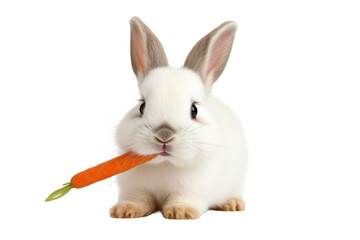 A white rabbit with bright pink eyes hopping isolated on white background