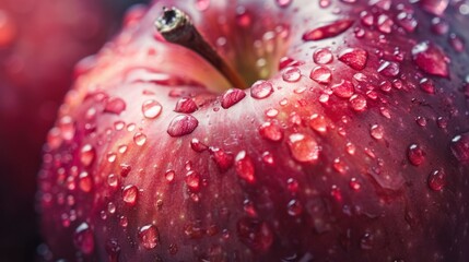 A close up of a red apple covered in water droplets The apple is glistening and juicy