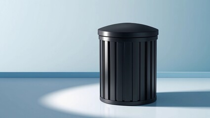 Sleek Black Trash Bin in a Minimalist Blue Room with Spotlight
