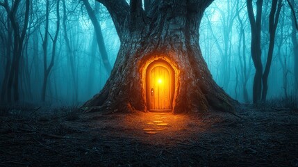 Sticker - Doorway to a magical world in a misty forest.