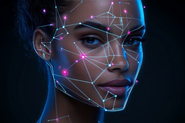 Sticker - Abstract portrait of a woman with illuminated digital grid lines and neon lights highlighting facial contours symbolizing futuristic technology and artificial intelligence