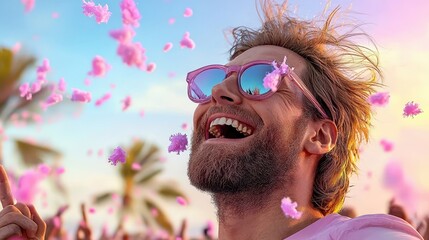 A joyful man wearing sunglasses, surrounded by colorful flower petals, celebrating life at a vibrant outdoor event.