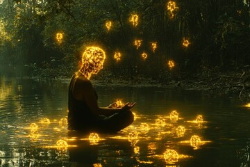 Poster - Woman meditating in nature surrounded by glowing orbs of light evoking a mystical and peaceful atmosphere with a connection to spiritual energy and the natural world