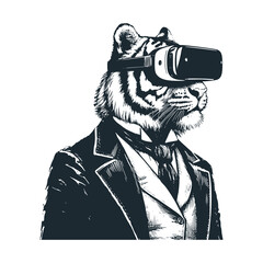 Canvas Print - Tiger use augmented reality headset and play smartphone. Vector illustration.
