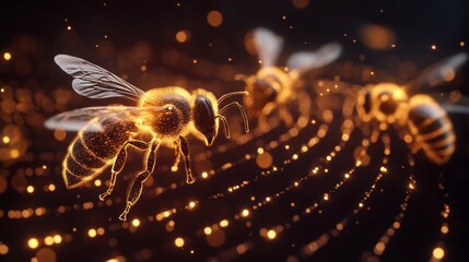 Wall Mural - A close-up view of shimmering bees rendered in glowing particles. They move gracefully through a magical, sparkling environment. Perfect for nature or technology themes. AI