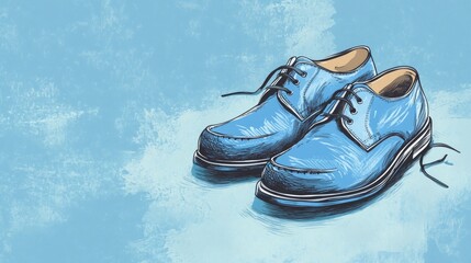 Wall Mural - A pair of blue leather shoes with laces tied on a light blue background.