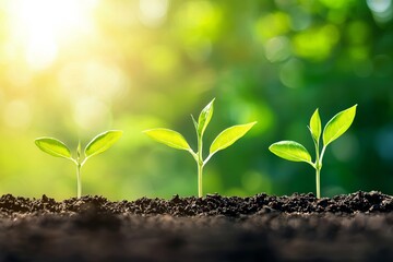 Fresh plant sprouts growing in rich soil, symbolizing growth, renewal, and nature's beauty under soft sunlight.