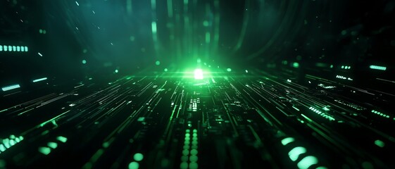 Wall Mural - Futuristic green light beams and digital particles create a captivating 3D perspective, perfect for tech and sci-fi themes.