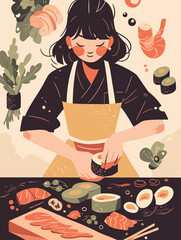 Wall Mural - A female chef making kimbap in Korea.