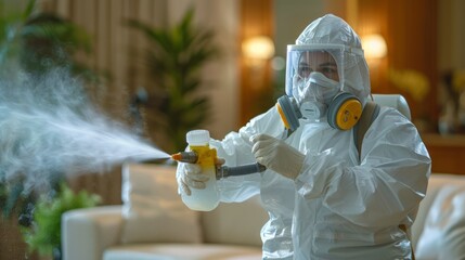 Wearing extensive protective equipment, an individual carefully sanitizes a plush living area, highlighting the importance of hygiene during health crises