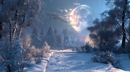 Wall Mural - Enchanted Winter Forest with Full Moon