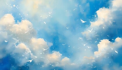 gentle blue watercolor sky with soft clouds and soaring birds in a serene summer atmosphere