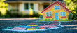 © Rutchaneewan - A vibrant summer scene featuring children?s creativity, showcasing a chalk-drawn house on asphalt with space for text, symbolizing family and home.