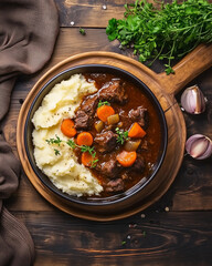 Wall Mural - Goulash with beef and carrots with mashed potatoes top view on wooden table