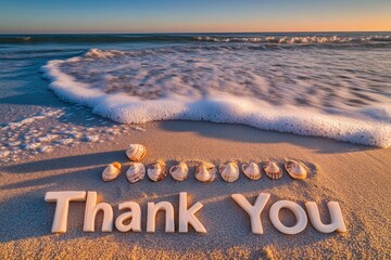 A peaceful beach scene at dawn, with seashells arranged to spell out 