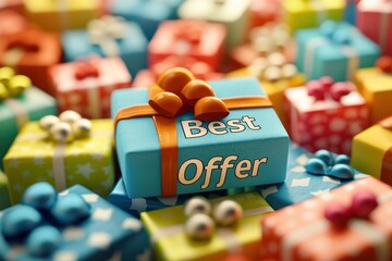 Wall Mural - Colorful gift boxes with 'Best Offer' text, concept of holiday sale promotion and discounts