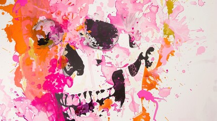 Fototapete - abstract skull is silhouetted in splatter of pink, orange, and yellow paint