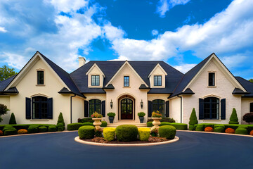 Big estate house with three car garage on lush green grass landscaping with a blue sky.