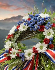 Wall Mural - Isolated Veterans Day wreath with depth of field featuring red, white, and blue flowers and ribbons