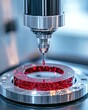 © weerasak - Precision machinery applying red liquid onto a circular surface, showcasing advanced technology in manufacturing and design.