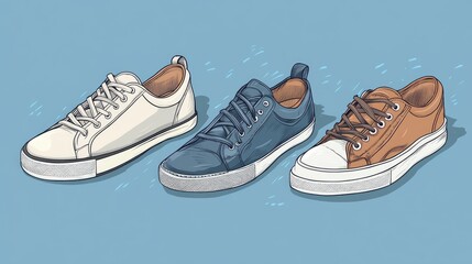 Wall Mural - Three pairs of stylish sneakers in white, blue, and brown.