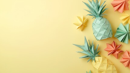 Top view, a simple and colorful origami pineapple composition on a light yellow background with clean and fresh lines