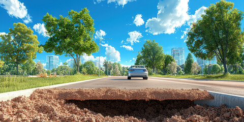 A car approaches a large pothole on a scenic road surrounded by trees and bright blue skies.