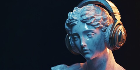 Poster - A modern interpretation of classical art featuring a bust wearing headphones. This image blends tradition with technology. The colors create a striking visual. AI