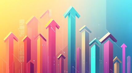 Vector illustration of a financial growth chart with bold upward arrows, clean lines and geometric shapes, vibrant color palette, top-down view, minimalistic scene with a grid layout, light