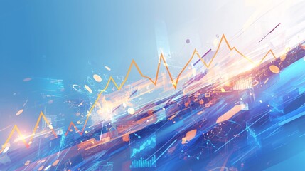 Wall Mural - Vector graphic of stock market graphs with fluctuating arrows, detailed line work and bold colors, slightly tilted perspective, graph at the center with multiple fluctuating arrows, abstract