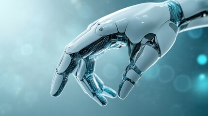 Poster - A robotic hand with a blue background and white lights, AI