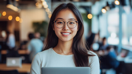 Young Asian Coder,  A young Asian woman wearing glasses holds a laptop in a tech startup office, showcasing a modern coding environment