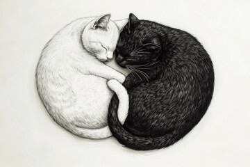 2 cats sleeping ,one cat is white, the other one is black.