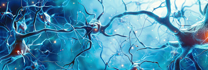 Wall Mural - Nervous Net: Neurons in a network against a blue background, illustrating nerve communication.