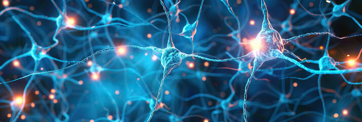 Wall Mural - Nervous Net: Neurons in a network against a blue background, illustrating nerve communication.