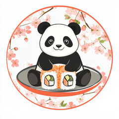 A cute panda sitting on sushi roll, surrounded by beautiful cherry blossoms, creates delightful and whimsical scene. This charming illustration captures joy of nature and food