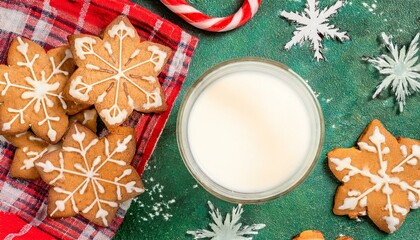 Traditional Christmas holiday cookies with a glass of milk and powdered sugar on a festive holiday background in red and green top view