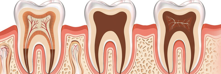 Wall Mural - Dental Details: A healthy tooth with its enamel, dentin, and pulp displayed in brown and white against a white background.