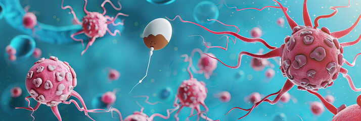 Fertility Foundations: Male and female reproductive cells, with sperm swimming toward an egg on a blue background.