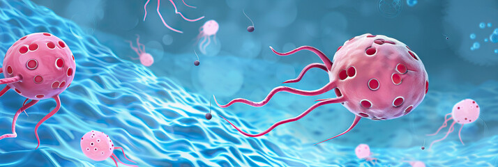 Fertility Foundations: Male and female reproductive cells, with sperm swimming toward an egg on a blue background.