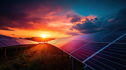 Wall Mural - A stunning solar cell farm at sunset showcasing vibrant colors and dramatic skies. solar panels reflect warm hues of setting sun, creating serene and inspiring atmosphere