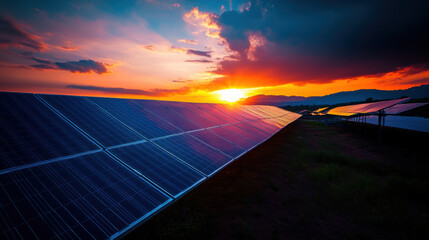 Wall Mural - A stunning solar cell farm at sunset showcasing vibrant colors and dramatic skies. solar panels reflect warm hues of setting sun, creating serene and inspiring landscape